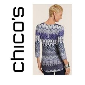 EUC Chicos 3/4 Sleeve Geometric Print Blouse with Zip Back